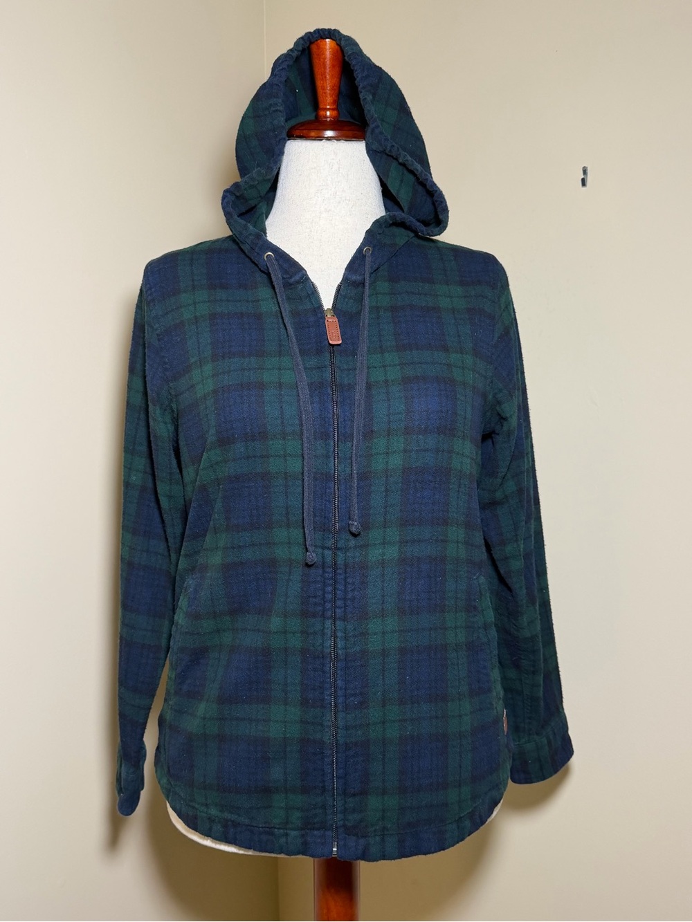 L.L.Bean Blackwatch Plaid Flannel Hoodie Jacket XS Full Zip Cotton Shirt Jacket